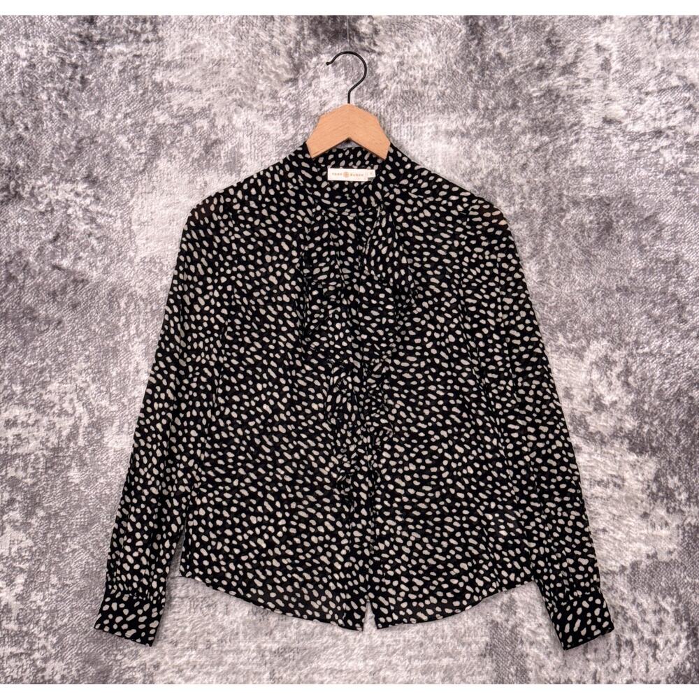 Tory Burch Silk Blouse 0 Womens Black Leopard Ruffle Long Sleeve Top